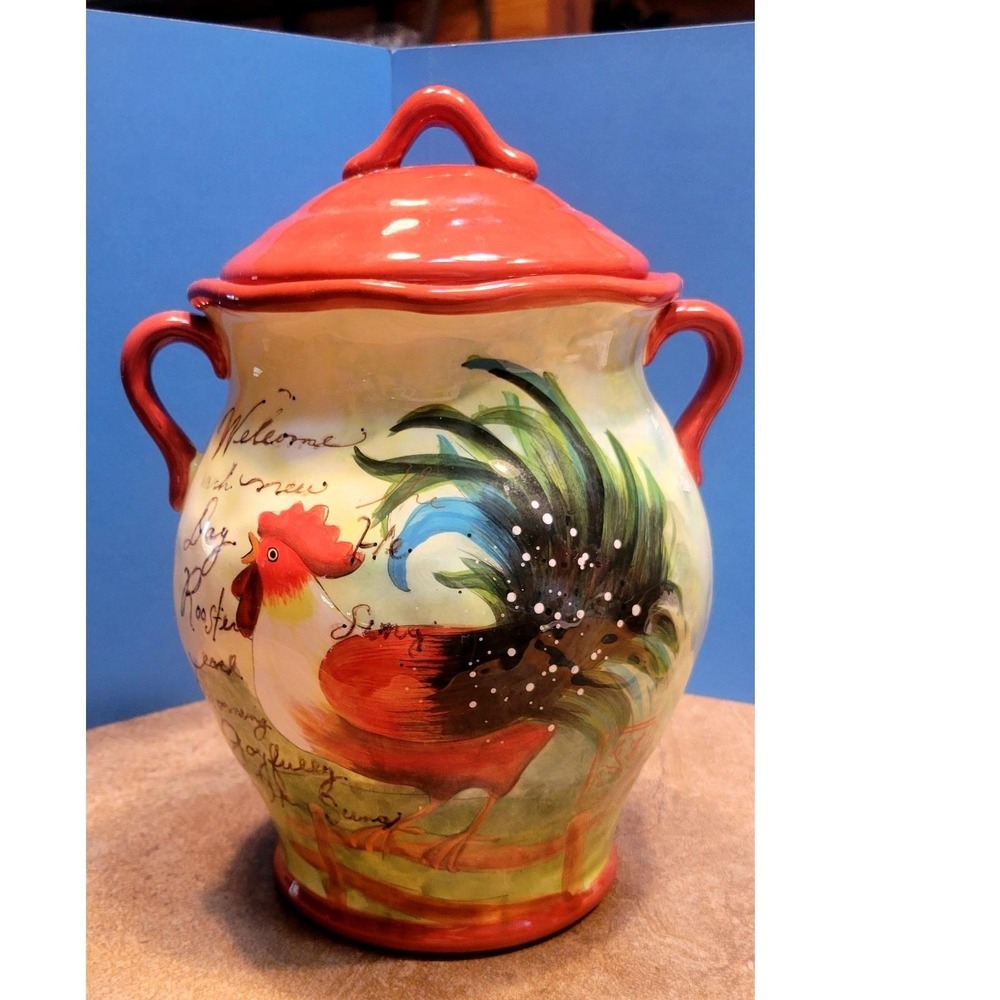 Hand Painted Ceramic Rooster Cookie Jar Farmhouse Canister with Lid Red 10 Inch
